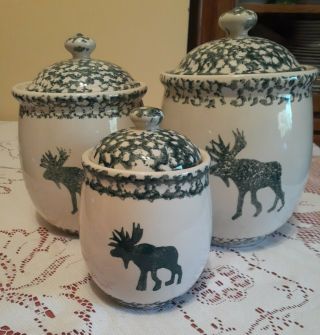 3 Piece Canister Set With Covers Tienshan Folk Craft Moose Country Euc