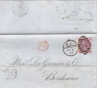 1873 Qv London Cover With A Fine 3d Rose Stamp Wing Margin Plate 10 To France