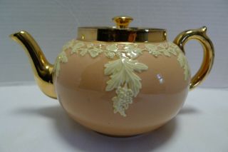 Vintage Gibsons Staffordshire England Teapot Pink Peach Gold Trim Raised Leaves