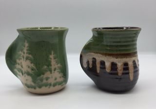 Set Of 2 Tag Pottery Hand Warmer Mugs Forest Green Trees Brown Drip