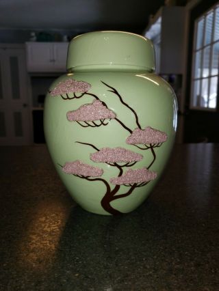 Mcm Weil Ware California Pottery Green Ming Tree Raised Leaves Ginger Jar / Vase