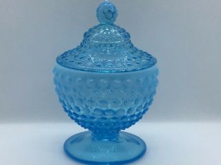 Vintage Fenton Blue Opalescent Hobnail Candy Dish With Lid