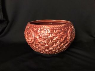 Vintage Mccoy Art Pottery Burgundy Red Flower Planter Bowl Pot Basket Weave 7 " W