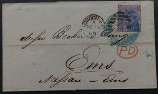 Rare 1869 Great Britain Folded Cover Ties 6d Qv Stamp To Ems Germany