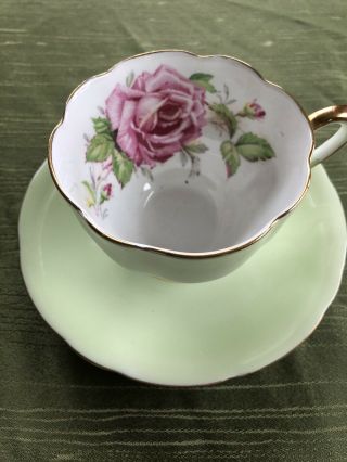 Aynsley Footed Teacup & Saucer Cabbage Rose,  Light Green Sage C904 52