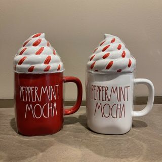 Rae Dunn Christmas Mugs Peppermint Mocha Set Of 2 White & Red W/ Toppers