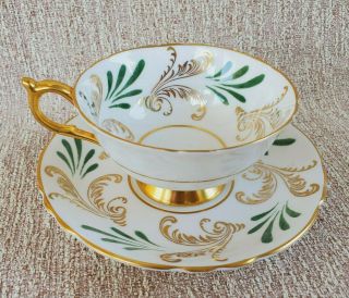 Paragon Teacup Saucer Fine Bone China Floral Gold Green Scrolls Feathers England