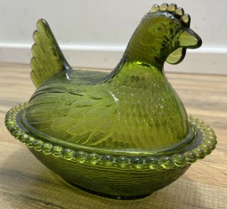 Vintage Indiana Glass Olive Green Chicken Covered Candy Butter Dish Holiday