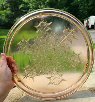 Vintage Pink Depression Glass Cake Stand With Snowflake ❄ Design