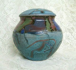 Clay Artistic Pottery With Lid 6.  5 " Tall Round Greens And Blues Glazed Urn Jar