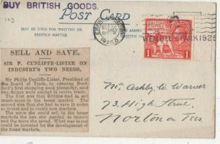 British Empire Exhibition 18 Sep 1925 Postmark & 1d Stamp On Postcard 488c