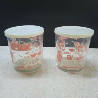 Vtg Hazel Atlas Cottage Cheese Sour Cream Glass Jars Pink White Kitchen W/lids