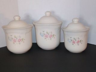 Vtg Pfaltzgraff Tea Rose Stoneware Canister Set 3 Jars W/lids Usa