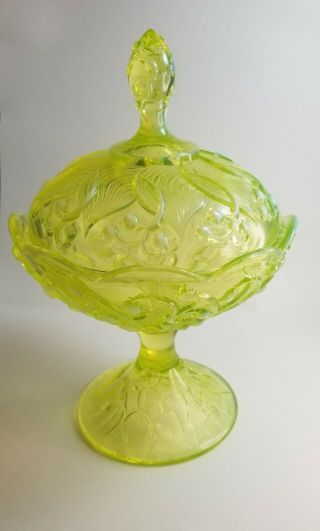 Fenton Carnival Vaseline Topaz Covered Candy Dish Opalescent Lily Of The Valley