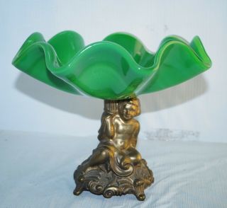 Rare Vintage Kamei Nasco Japan Green Art Glass Cherub Footed Pedastal Bowl