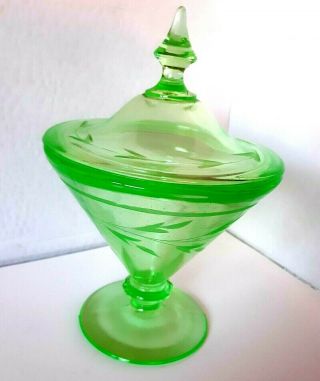 Vaseline Uranium Glass Lidded Compote Candy Dish Etched Flower Design Vintage