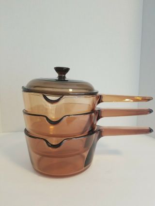 Vintage 4 Pc Vision Corning Ware Pyrex Amber 1.  L Pot Sauce Pans W/lid Read