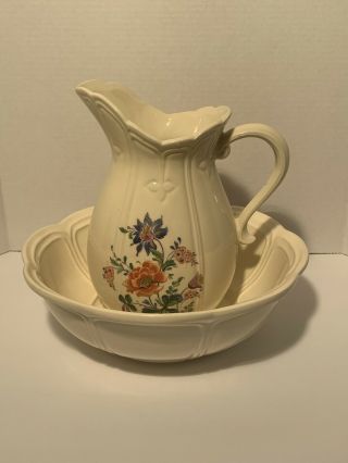 Vintage Mccoy Pottery Floral Water Pitcher And Bowl / Wash Basin Set 7529 Usa