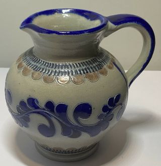 Vintage German Handarbeit Hohr Salt Glazed Cobalt Pottery Pitcher 6”tall Euc