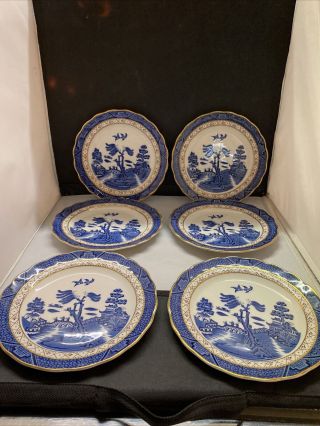 Set Of 6 Royal Doulton Booths Real Old Willow 7 " Bread Plates With Gold Trim