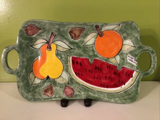 Vtg Hand Painted Nino Parrucca Italy Pottery Tray W/fruit & Nuts,  14 3/4” X 8”