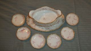 Haviland Limoges Gravy Boat And 6 Butter Pats Pink Floral With Gold
