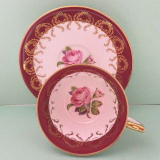 Vintage Aynsley Tea Cup And Saucer Cabbage Rose Burgundy Gold Accents