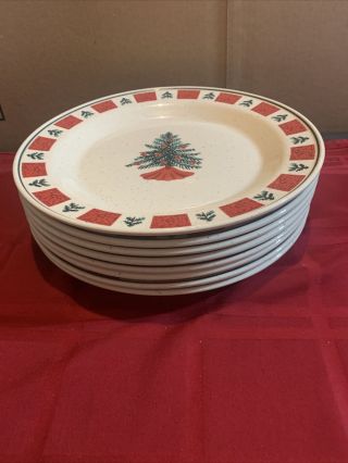 Set Of (8) Folk Craft Holiday Homecoming Stoneware 10 3/8 " Dinner Plates