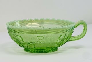 Vintage Green Vaseline Depression Glass Candy Dish With Handle - Scalloped Edge