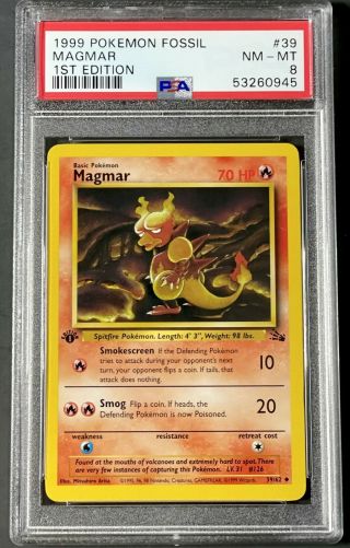 Psa 8 Nm - Mt Magmar 1999 Fossil 1st Edition Pokemon Card 39/62