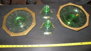 Vtg Green Depression Vaseline Glass Dish Candle Holders Bowl Gold Trim