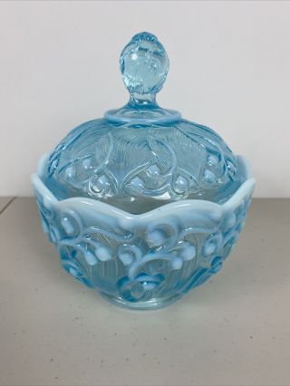 Blue Fenton Glass Hobnail Blue Opalescent Condiment Jar W/ Lid