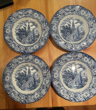 4 Vintage Staffordshire Liberty Blue Rimmed Soup Bowls Old North Church 8.  5 "