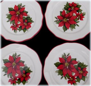 Set 4 Better Homes & Gardens Poinsettia Christmas Salad Dessert Plates Floral