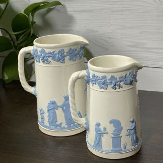 2 Wedgwood Embossed Queensware Lavender On Cream Pitchers 6.  75” & 5.  75”