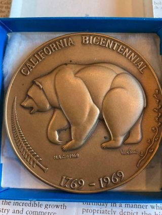 California Bicentennial 1769 - 1969 Grizzly Bear Medal Medallion Coin W/ Box Paper