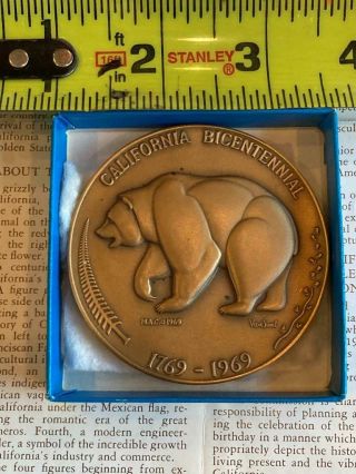 California Bicentennial 1769 - 1969 Grizzly Bear Medal Medallion Coin w/ Box Paper 2