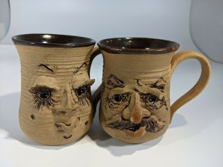 2 Ugly Funny Face Stoneware Pottery Handmade Vintage Mug Mustache,  