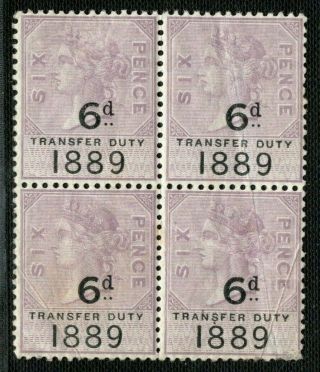 Gb Qv Revenue Stamps Block Of Four 6d 1890 Transfer Duty Mm White100