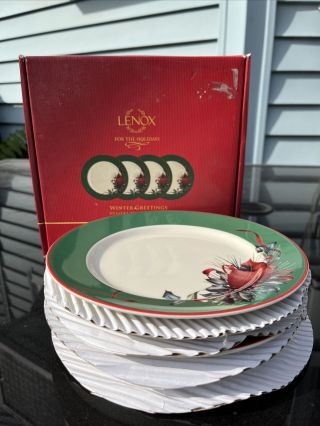 Lenox Winter Greetings Dessert Salad Plate Set Of 4 Green Band/cardinal 8 "
