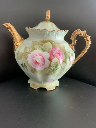 Vintage Lefton China Green Heritage Pink Rose Teapot Hand - Painted Gilded 792 Euc