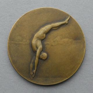 French Medal.  Man,  Sport Diving,  Swimming,  Contest.  Art Deco.  By Huguenin.