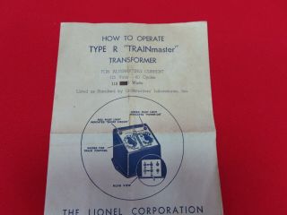 Lionel Postwar Instruction Sheet R 110w Transformer 9/46