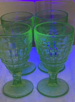 Set Of 4 Green Uranium Glass Hazel Atlas Colonial Block 5 3/4 " Water Goblets