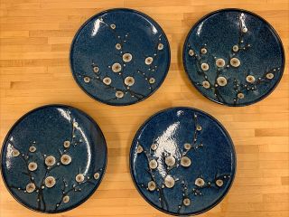 Set 4 World Market Cherry Blossom Cobalt Blue Dinner Plates Japan Stoneware