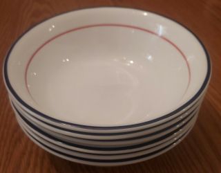 Corelle " Plymouth " Set Of 6 Cereal Bowls 6.  25 " White With Red And Blue Stripes