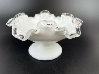 Vintage Fenton 7 " Wide Milk Glass Compote Pedestal Candy Dish Bowl Ruffled Edge