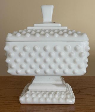 Vintage Fenton Hobnail Milk Glass Footed Candy Dish W/ Lid 6 " Tall Pink Label (a