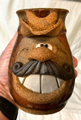 Vtg Robert Eakin Hand Made Comical Stoneware Pottery Cowboy Face Coffee Mug