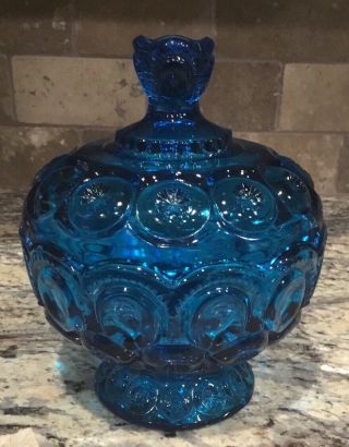Vtg Colonial Blue Glass L.  E.  Smith Moon & Stars Covered Compote Dish Ex